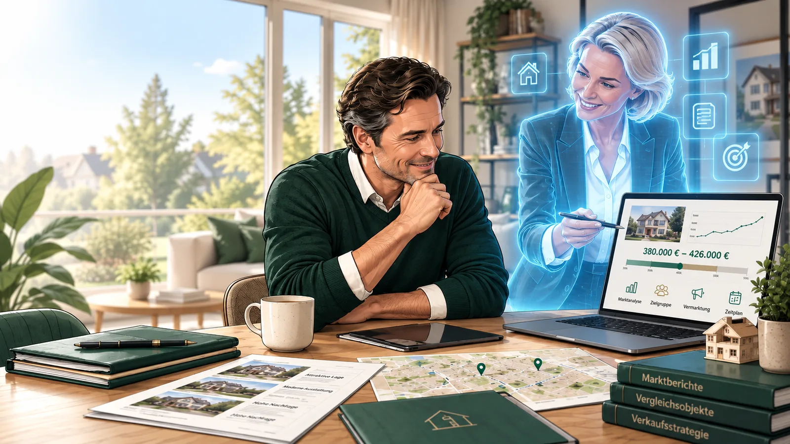 Auf einem Laptop steht eine Wertspanne von 380.000 bis 426.000 Euro mit Marktanalyse, Zielgruppe, Vermarktung und Zeitplan; daneben liegen Marktberichte und Vergleichsobjekte.