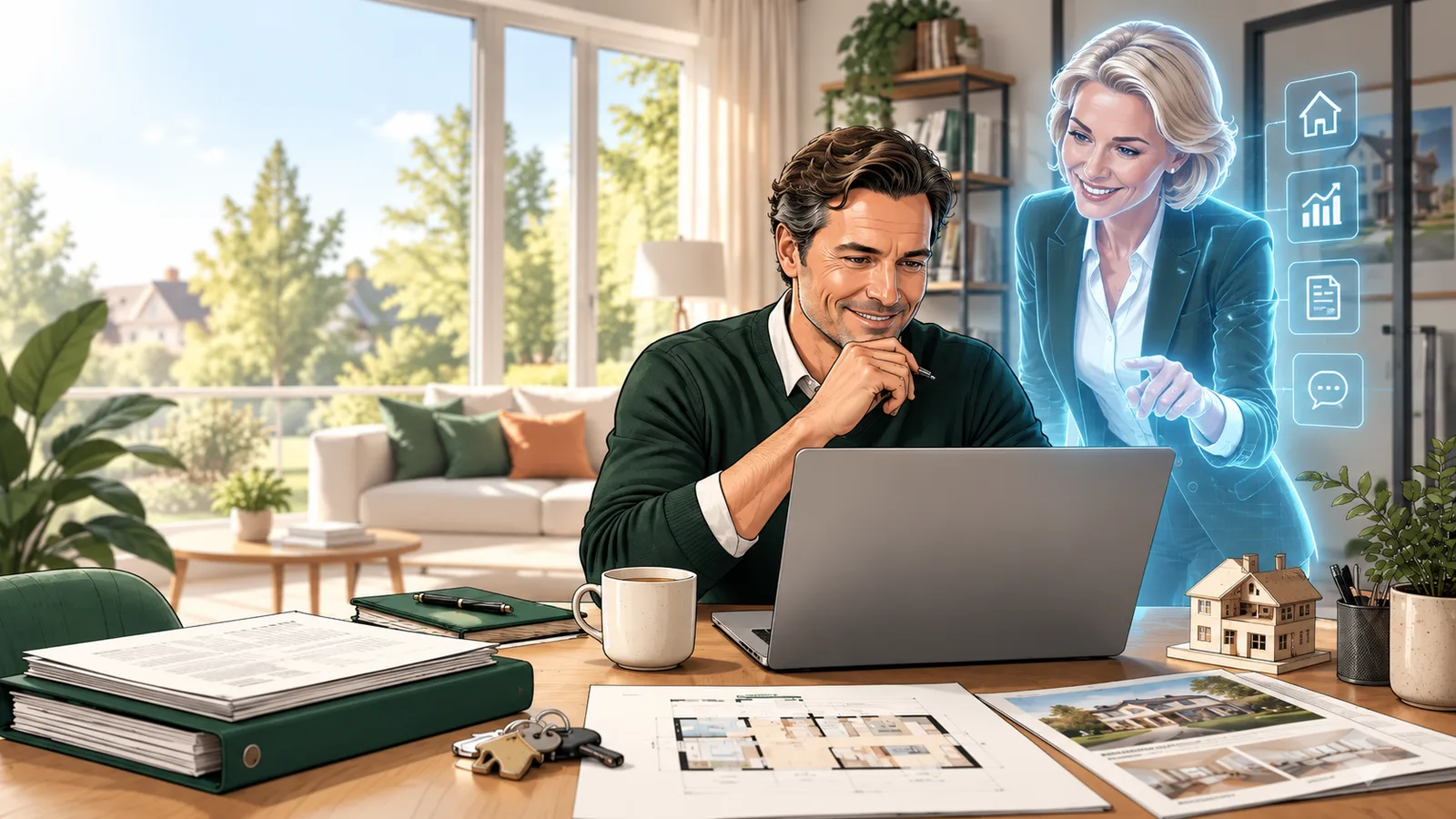Ein Verkäufer sitzt zu Hause am Laptop, neben ihm Unterlagen und Grundriss; eine Maklerin ist als helle Figur eingeblendet und zeigt auf Werkzeuge für Bewertung, Unterlagen und Beratung.